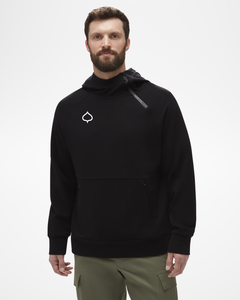 Four Mountains Snapshot Unisex Hoodie Front Shown in Black with White Aspen Leaf Logo